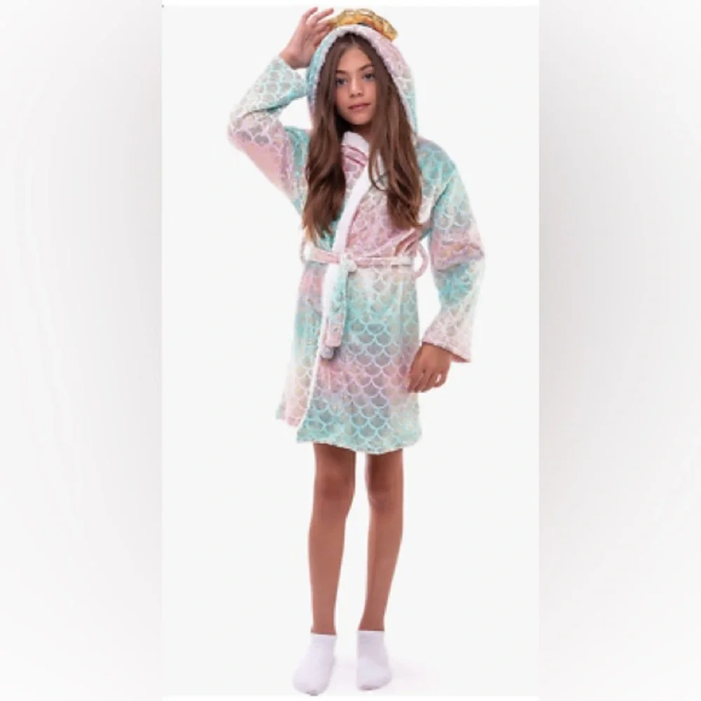 Mermaid Hooded Plush Robe Pastel Tie-Dye Sparkle | Girls M